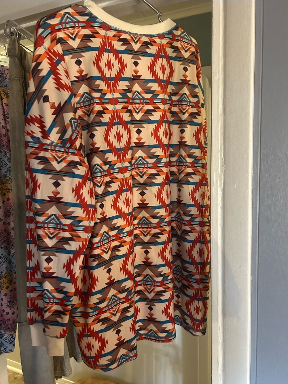 Crew Neck Sweater in Cream with Red & Blue Aztec Print